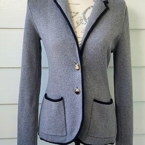 Ann Taylor Gray Knit Cardigan Blazer Black Edging Gold Button Small